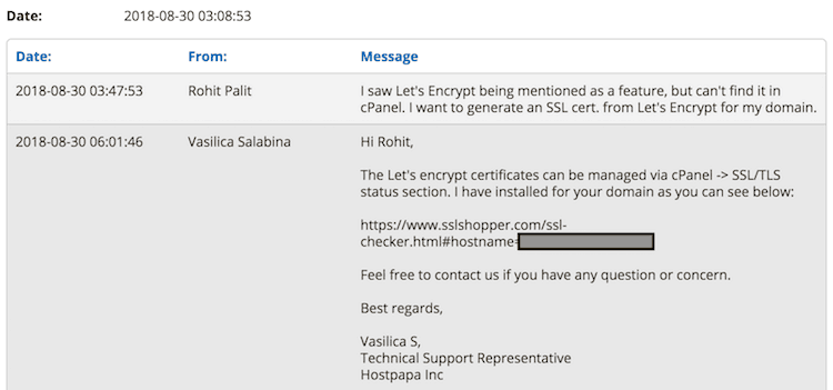 HostPapa Support Ticket Reply