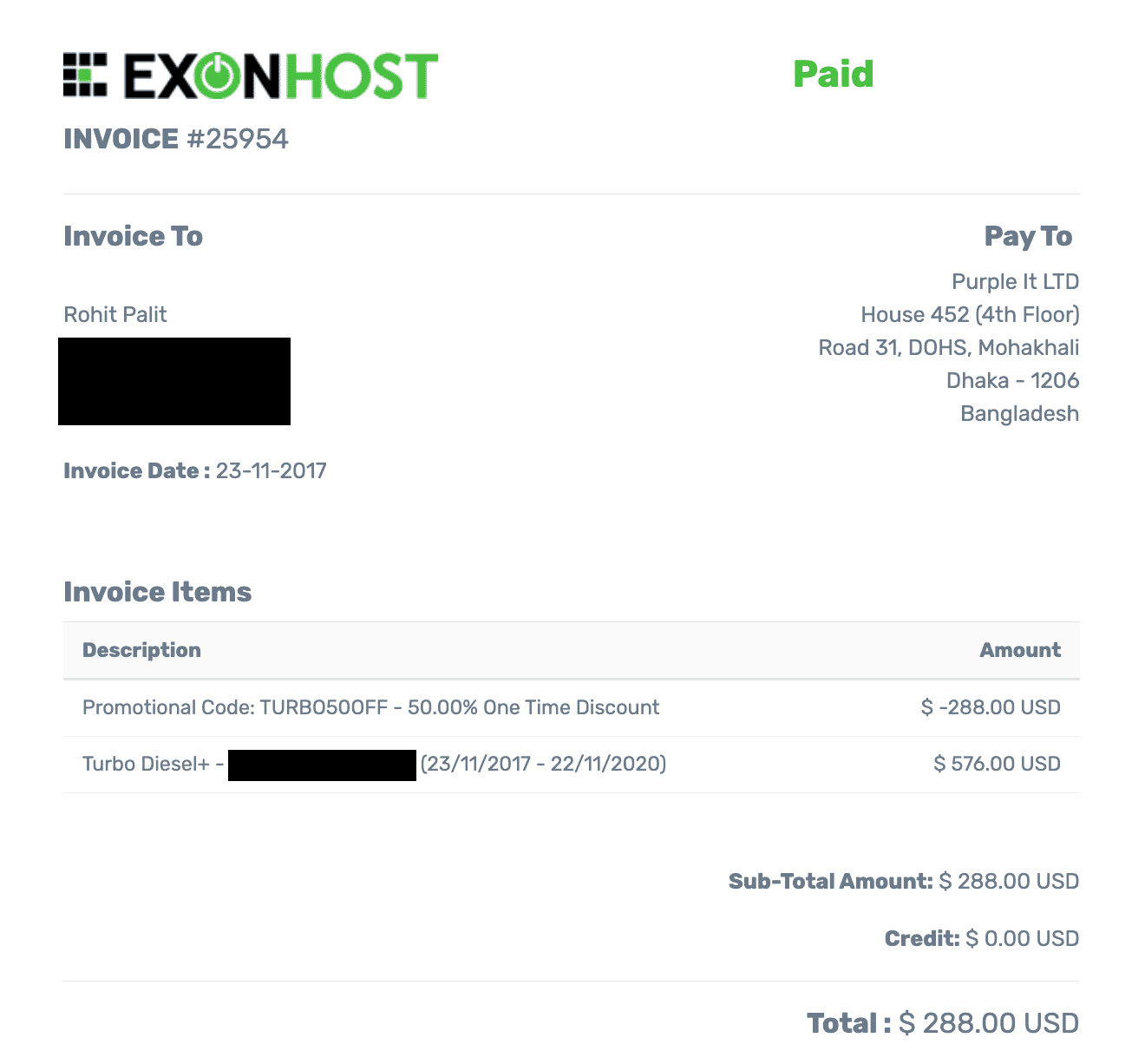 ExonHost 2017 Invoice