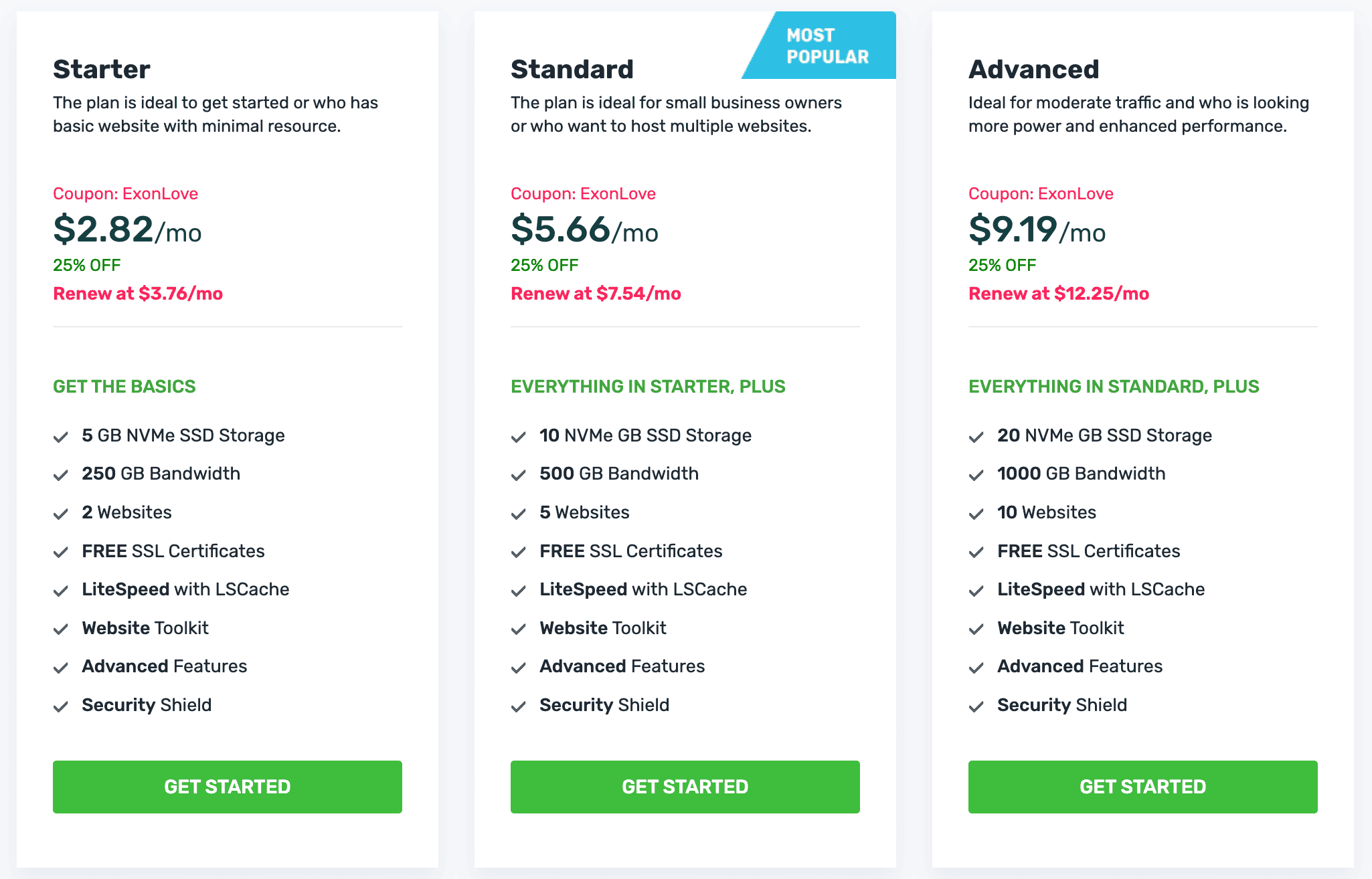 ExonHost shared hosting plans