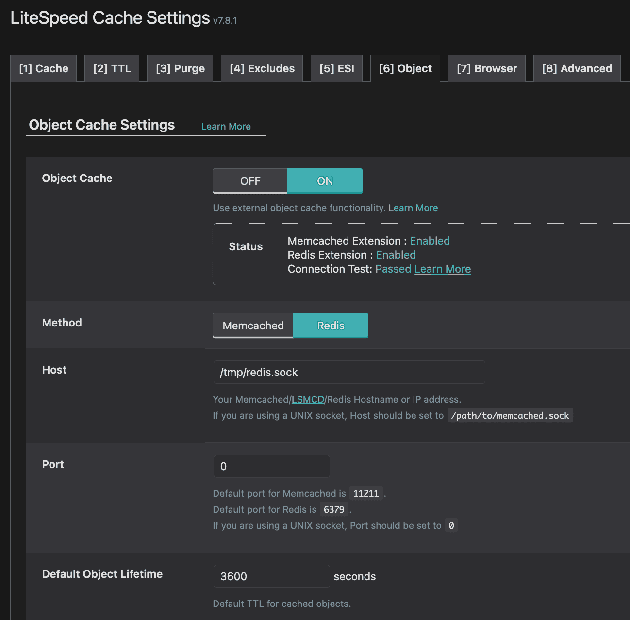 LiteSpeed Cache object caching Redis settings